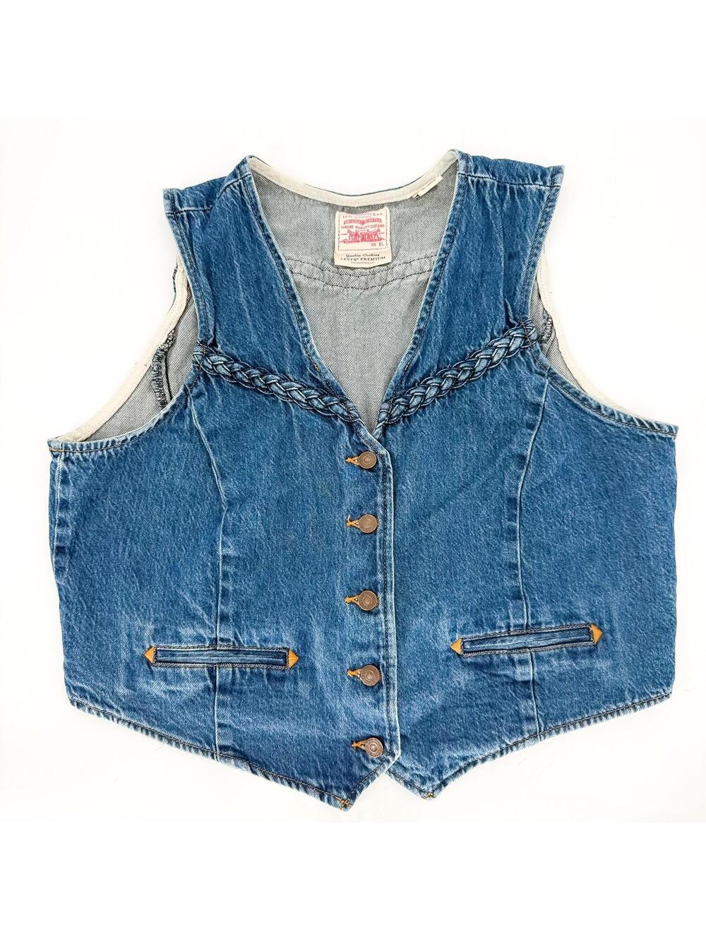 Levi Braided Denim Western Vest Blue Button Front Cowboy Biker Vintage Size XL